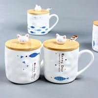 japan style cute simple creative cartoon cat and fish mark ceramic mug with spoon cover set breakfast milk mug