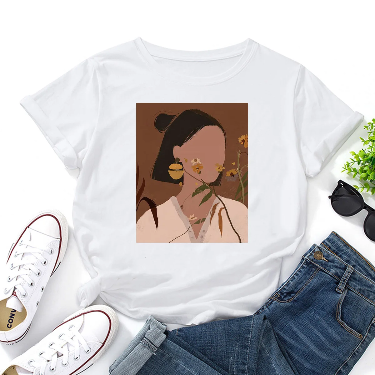 

Design Harajuku Korean Fashion T-Shirts For Women Summer Beautiful No Face Women Flower Clothing O-neckBlack Graphic T Shirt