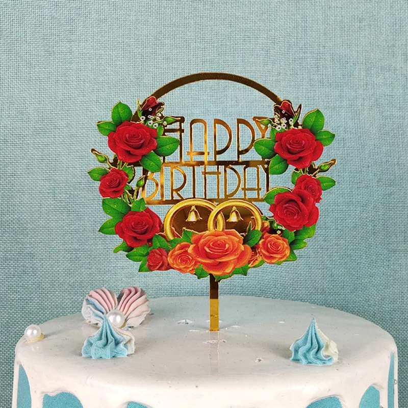 

New Flowers Happy Birthday Cake Topper Acrylic Cake Topper For Kids Birthday Cake Decor Baking supplies