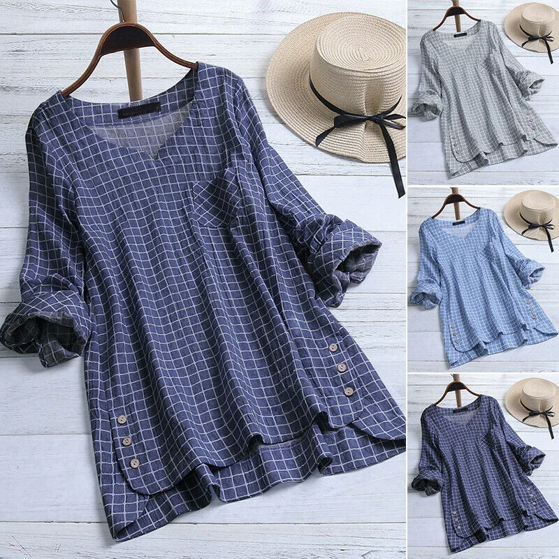 

WoMen Shirts Blouses V-neck Simple Buckle Lattice Pocket Casual Irregular Pullover Fashion