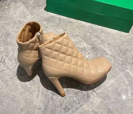 

BONJEAN Sheepskin Woman Boots Square Toe Thin Heel Party Dress Shoe Runway Celebrity Ankle Boots Black White Nude