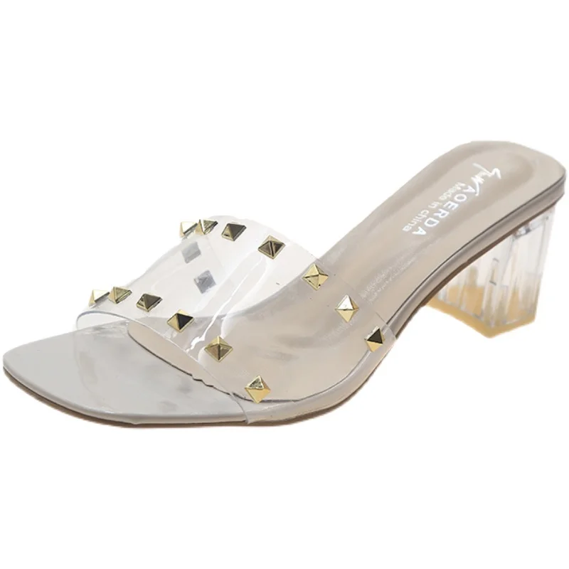 

Fashion Rivet Decoration Sexy High Heels Summer New Style All-Match External Wear Ladies Slippers