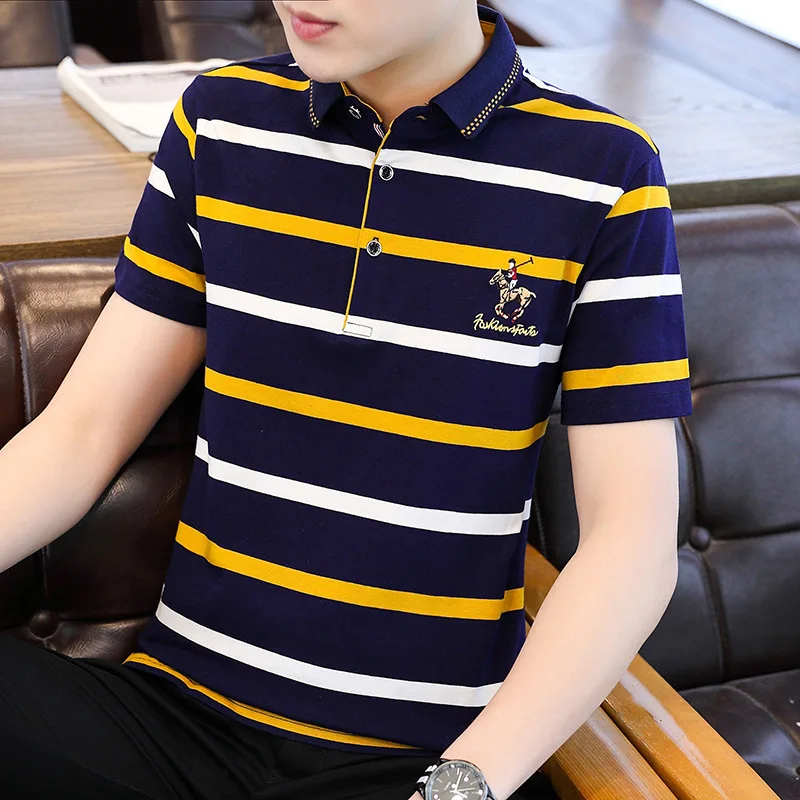

Short sleeve t-shirt men's 2021 new summer fashion brand ins casual top middle age Striped Polo Shirt Men's wear
