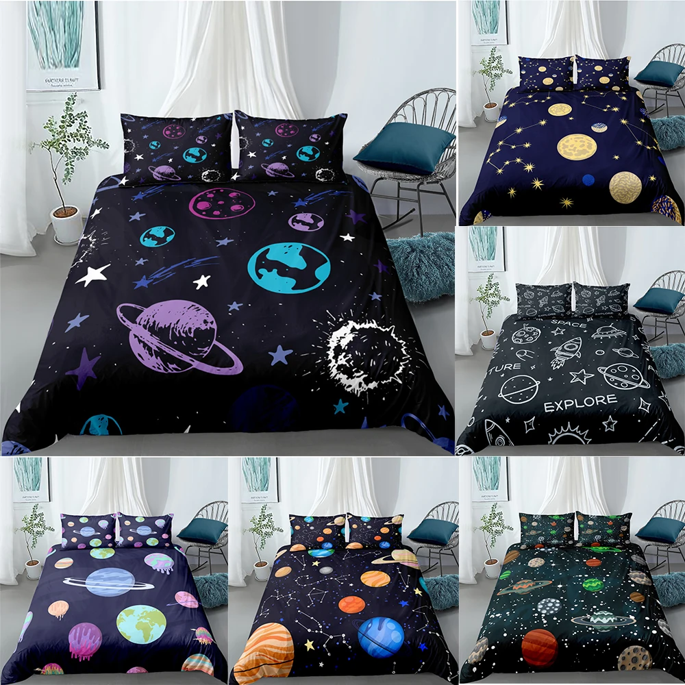  ZEIMON 2/3Pcs Cartoon 3D Bedding Set Planet Stars Duvet Cover with Pillowcase Kids Quilt Cover Home Textiles King Bedroom Decor