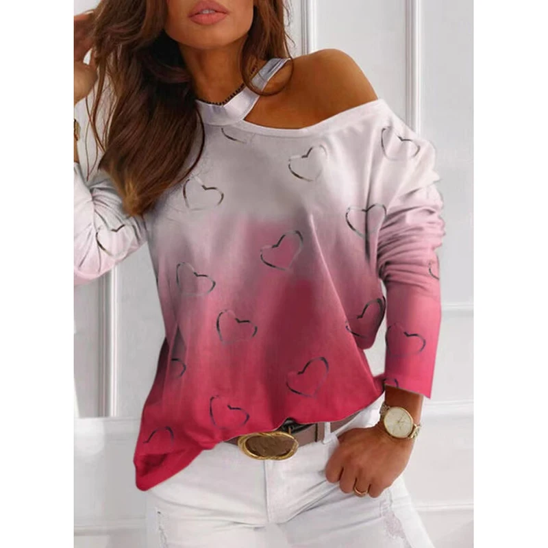 

Tops for Women Full Sleeves Shirt Woman tshirts Skew Collar Sexy Streetwear Harajuku Aesthetic Clothes Vintage Top Graphic Tee