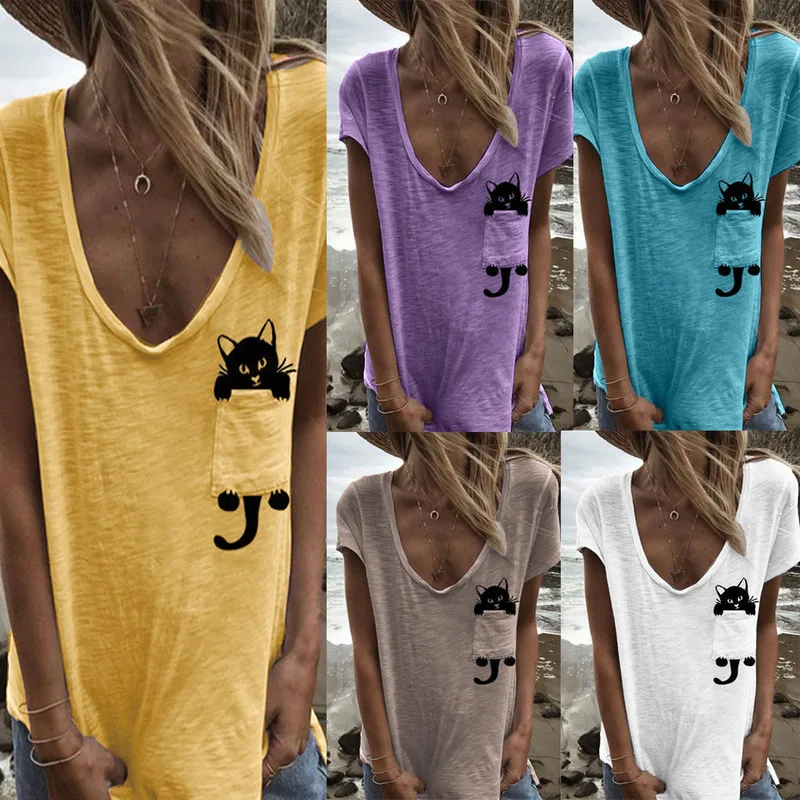 

Plus Size Loose Women Shirt summer tops for women 2020 V Neck Printed Short Sleeve T-shirt Leisure splice Cartoon streetwear