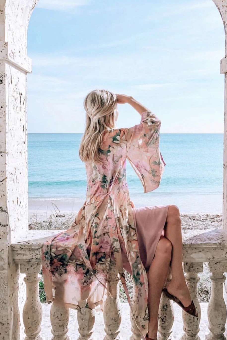 Женское длинное кимоно ElfStyle с цветочным принтом пальто поясом и разрезом сбоку