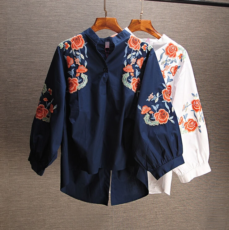 

Women's Spring autumn flower embroidery cotton Shirt Female Vintage National Loose Casual plus size cotton Shirt Blouse TB1017