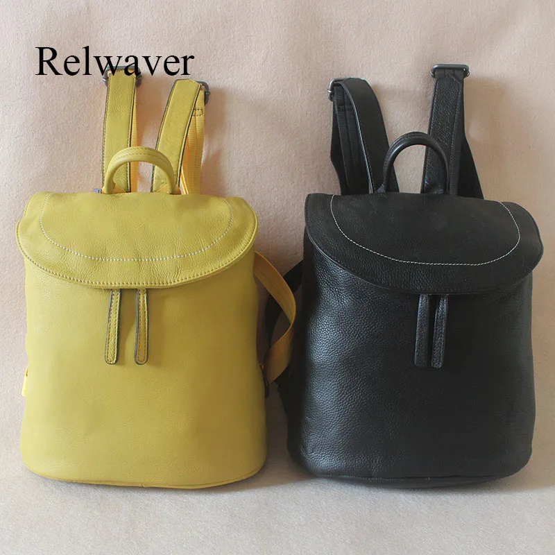 

leather backpack women genuine natural cow leather yellow black casual school bag folding all match cover women bag