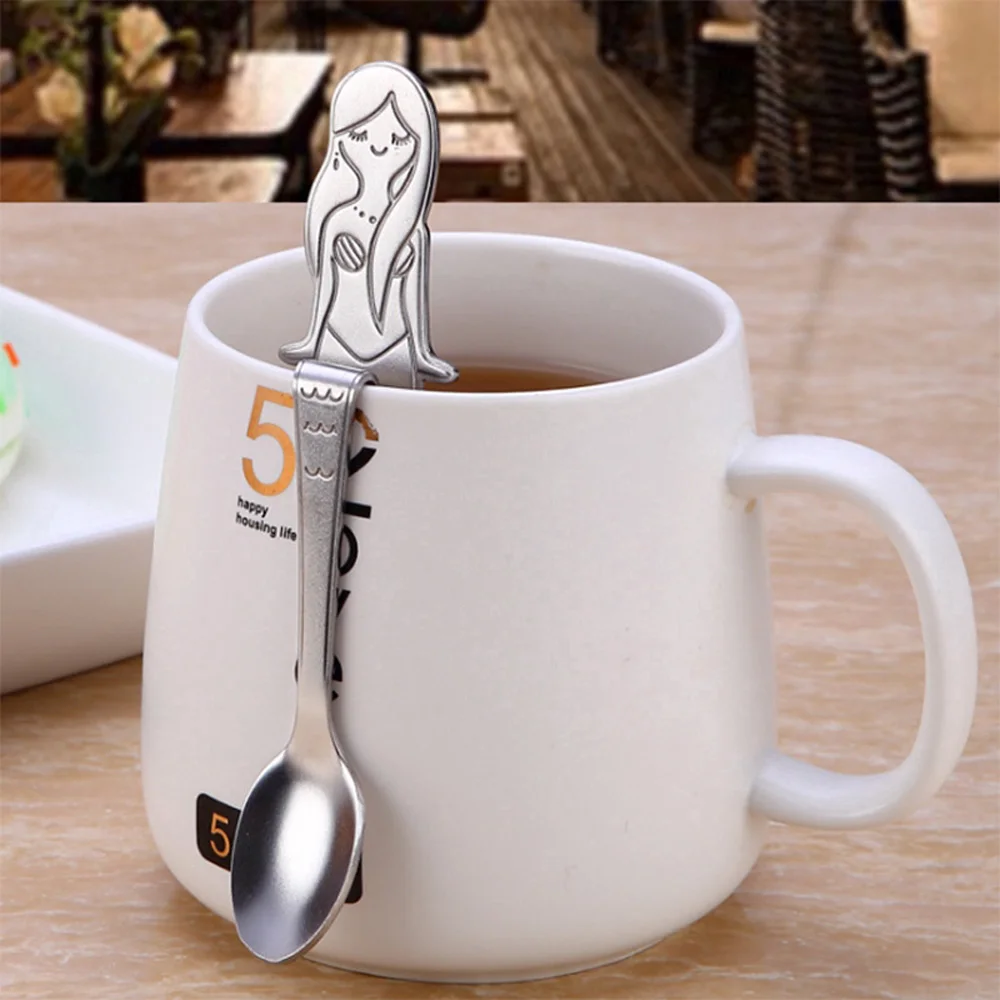 

Cute Mermaid Handle Stainless Steel Teaspoon Sugar Flatware Coffee Curved Spoon Kitchen Tools