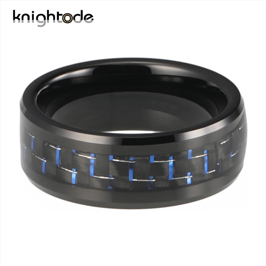 Модные кольца из черного карбида вольфрама 8 мм синие/черные вставки углеродного
