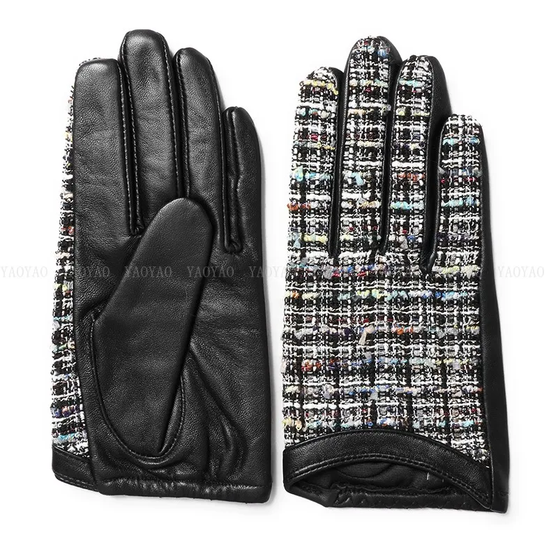 Женские винтажные перчатки из натуральной кожи тонкие ветрозащитные твидовые