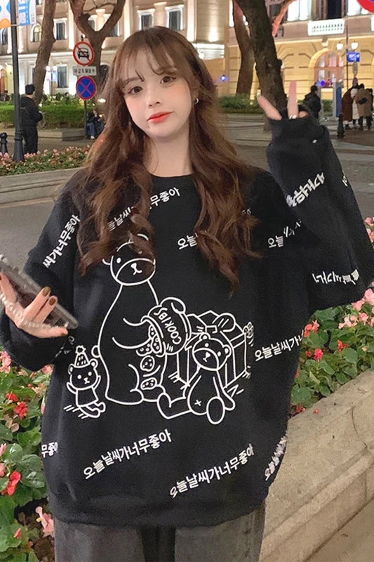 

Cute Cartoon Bear Pattern Hoodies Women Korean Loose Sweet Thicken Pullover Girl Pink Sweatshirt Tops Student Winter Base Tops