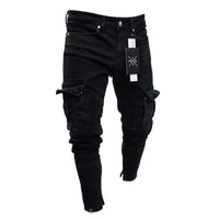 men slim biker ripped long denim trousers skinny jeans pocket young man jogging pants %e2%80%8bdestroyed stretchy black pants