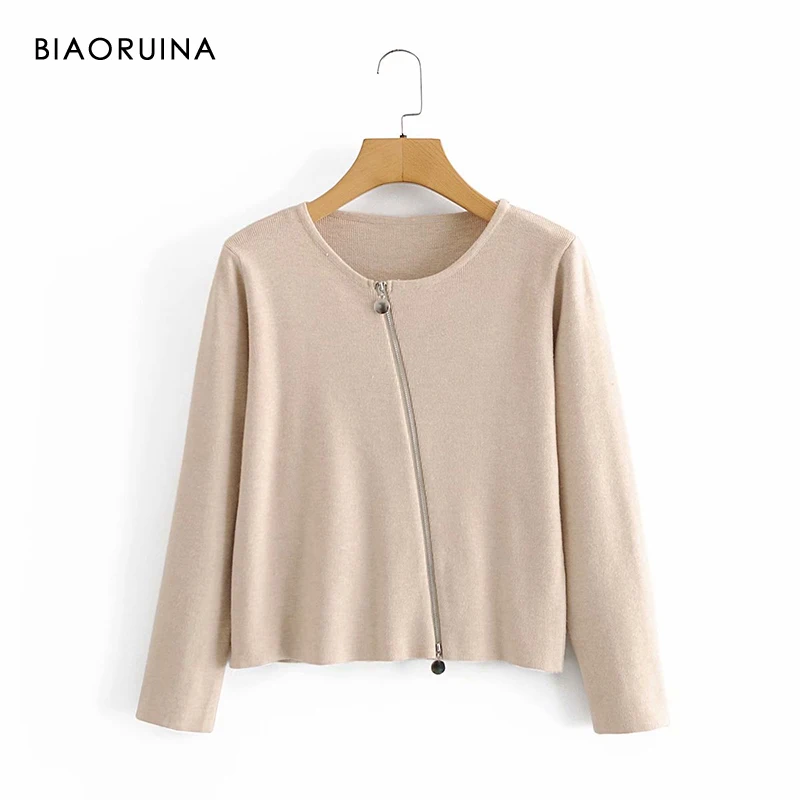 

BIAORUINA Women's Solid Color Round Neck Long Sleeve Loose Zipper Knit Cardigan Female All-match Casual Autumn Sweater One Size