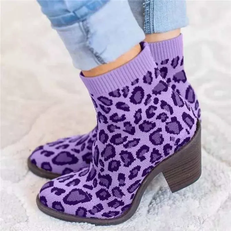 Women's Leopard Ankle Boot Knitting Woman Sock Boots Fashion Autumn Female Block Chunky Heels Comfortable Ladies Short