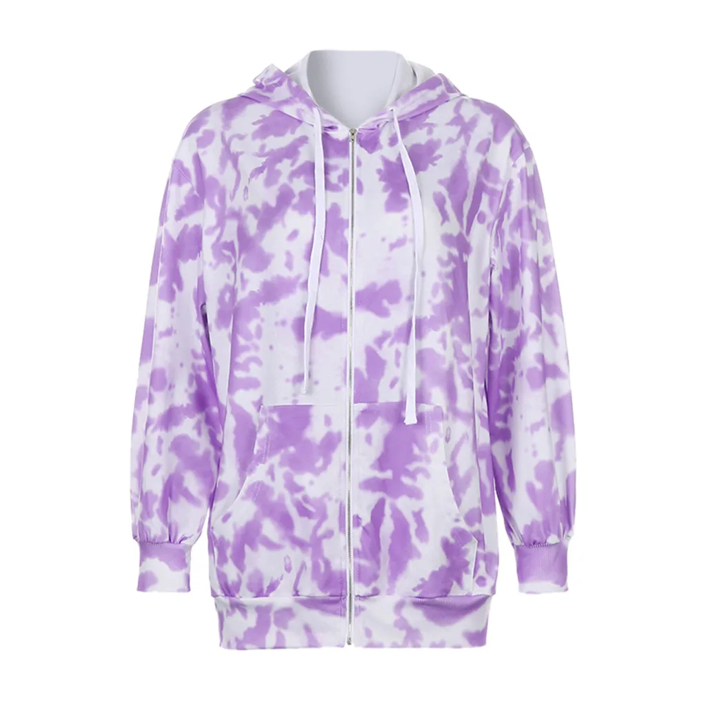 

Hoodies Sweatshirts Women Plus Size Tie-dye Rainbow Printed Long Sleeve Sweatshirts Casual Zipper Pocket Female Hooded Hoodies