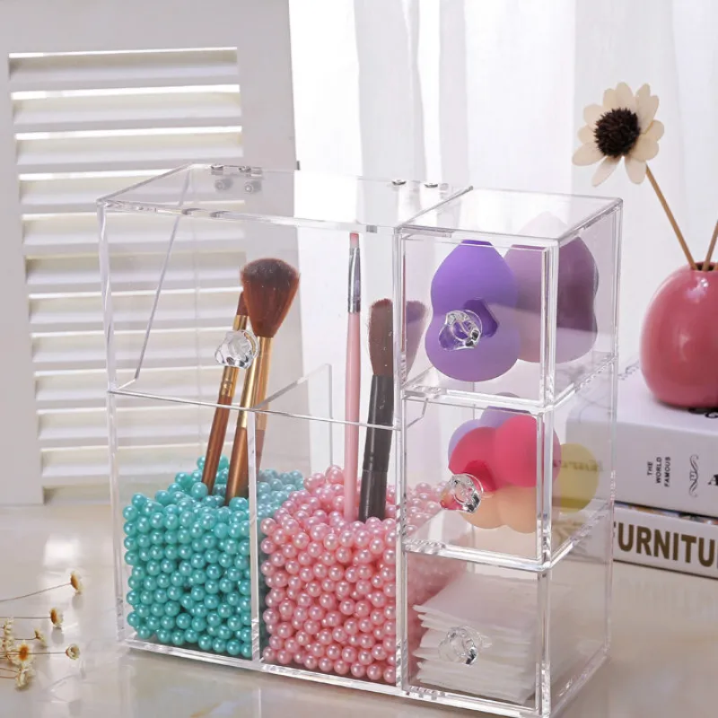 Акриловый Органайзер для кистей макияжа с 3 ящиками ватных дисков/косметический