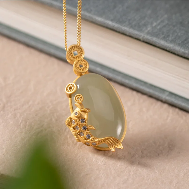 

Natural Hotan green chalcedony Koi Pendant Necklace Chinese style retro unique craft gold women's Christmas festival gift