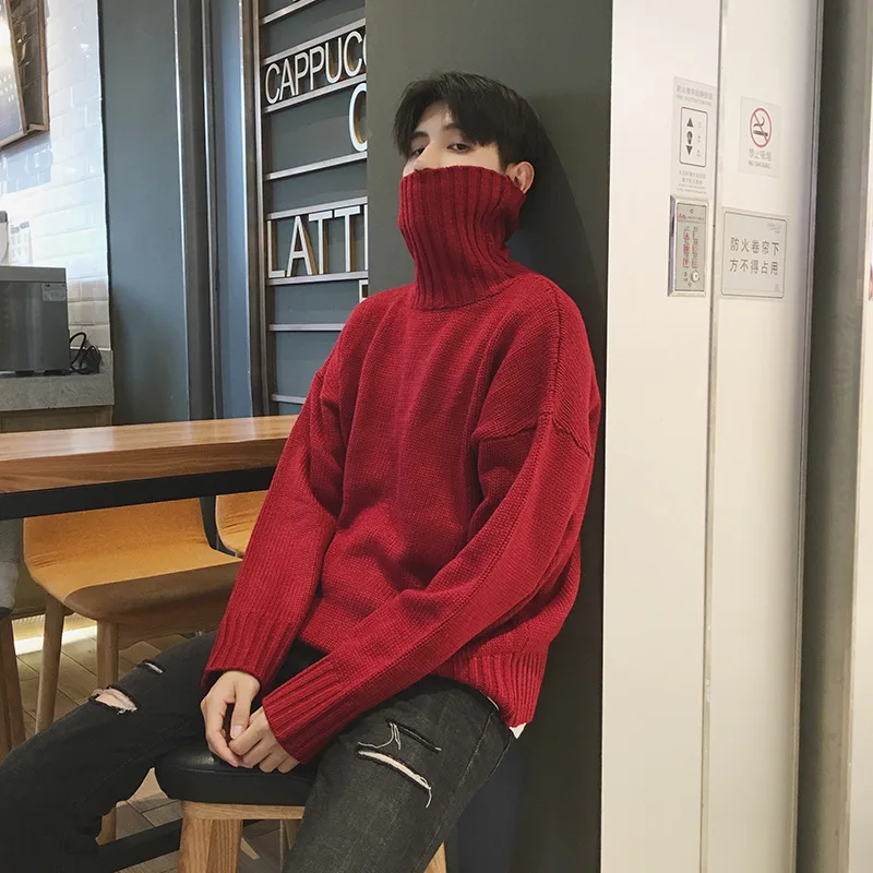 Мужской трикотажный свитер с воротником хомутом облегающий пуловер двойным