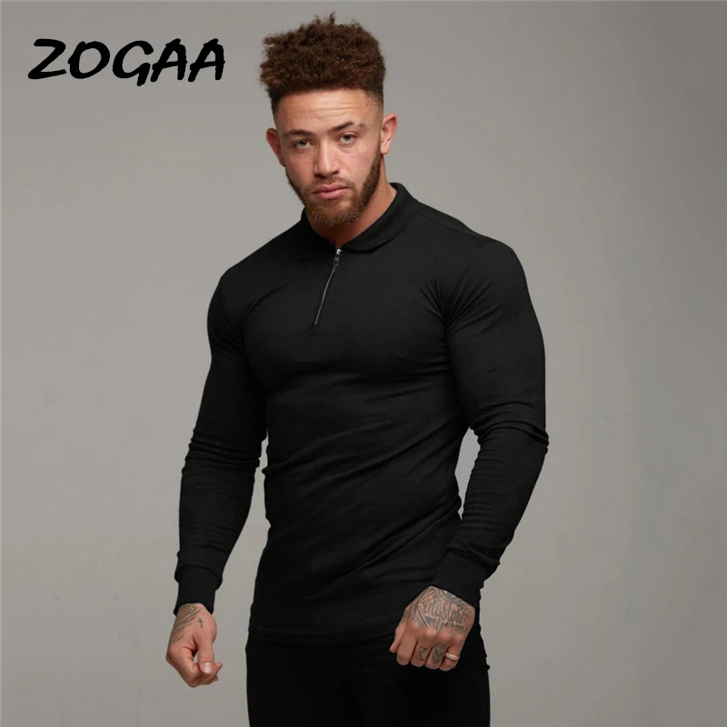 

ZOGAA T-shirts Men Pullovers Muscle Sports Fall Winter Long-sleeved Fitness Solid Slim Turn Down Collar All-match Hot Sale Chic