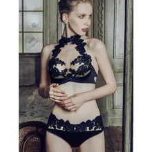 Sexy gathered bra panties set black flower embroidery hollow bras hanging neck luxury temptation lingerie underwear suit female