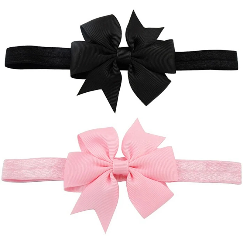 

2 Piece Baby Girls Hair Bow Tie Ribbon Decor Hairband Headband, Black & Pink