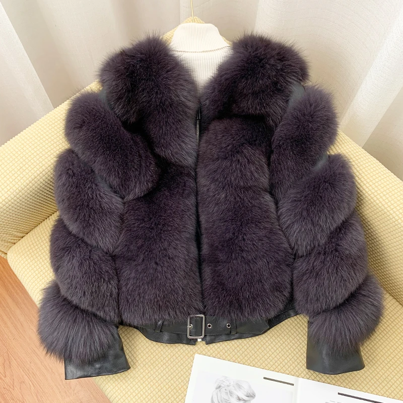 2022 New Locomotive Style Real Fox Fur Jackets Women Outwear Natural Fox Fur Coat Genuine Sheep Leather Fur Coats With Zipper enlarge