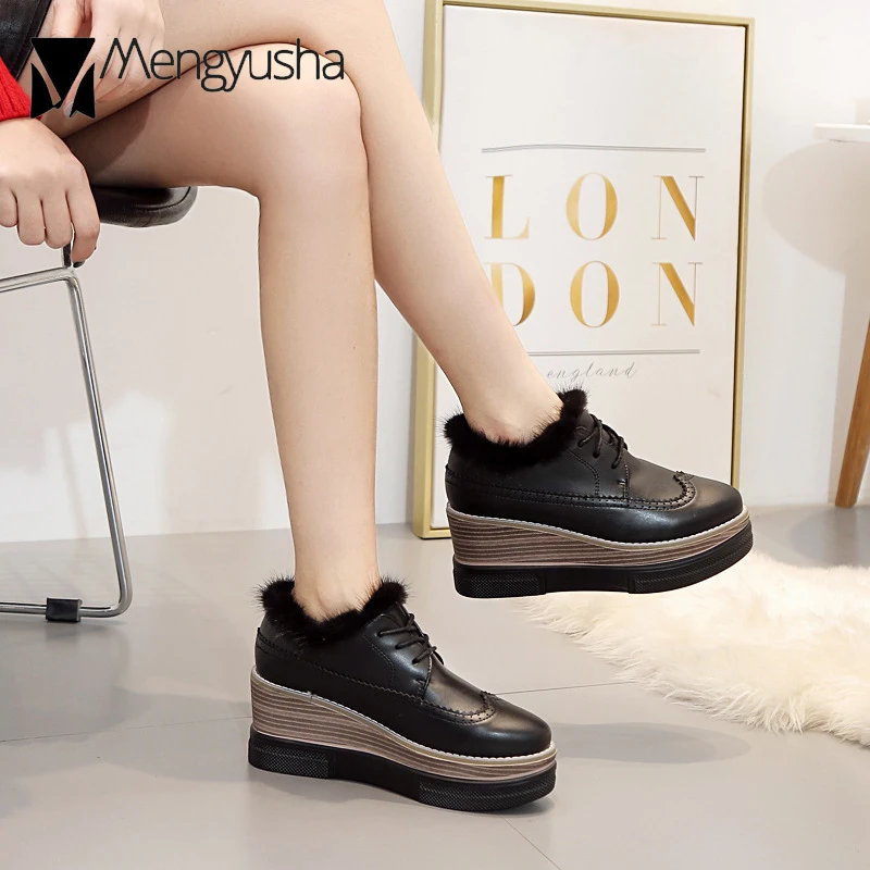 Женские ботинки на платформе обувь меху танкетке толстой резиновой подошве