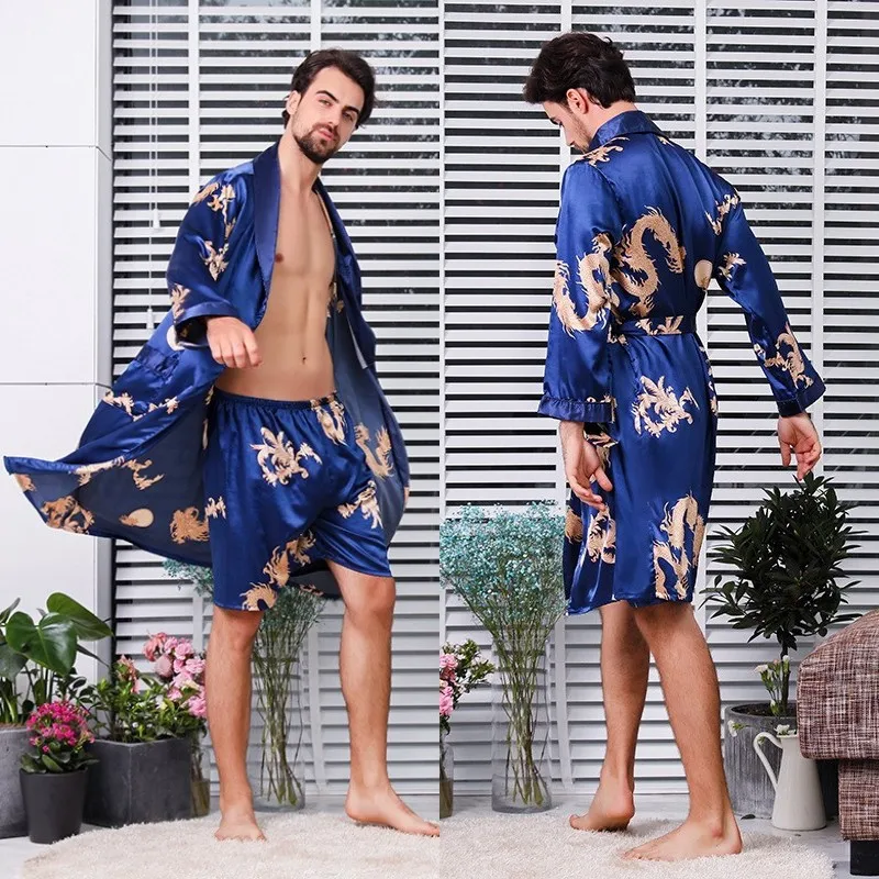 Мужские шелковые халаты летние шорты к ночной рубашке из двух частей костюм