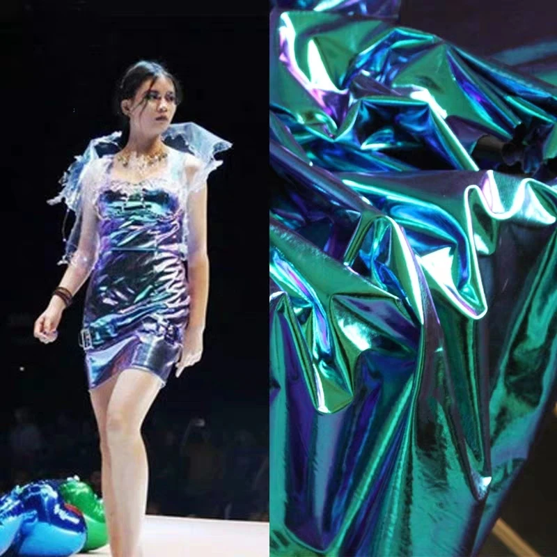 

Coating Stretch Fabric Spandex Laser Blue Metallic Waterproof DIY Patches Stage Decor Leggings Pant Skirts Dress Designer Fabric