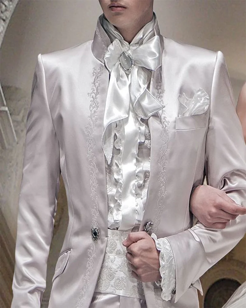 

Блестящие атласные мужские костюмы с воротником-стойкой, вышитые костюмы, официальная свадебная одежда, для выпускного вечера, пиджак + брю...