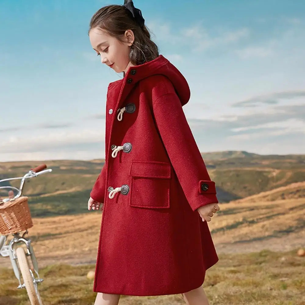 

Winter Woolen Jacket For Girl New 2021 Keep Warm Korean Version Hooded Fashion Long Trench Coat Casual Children's Clothing