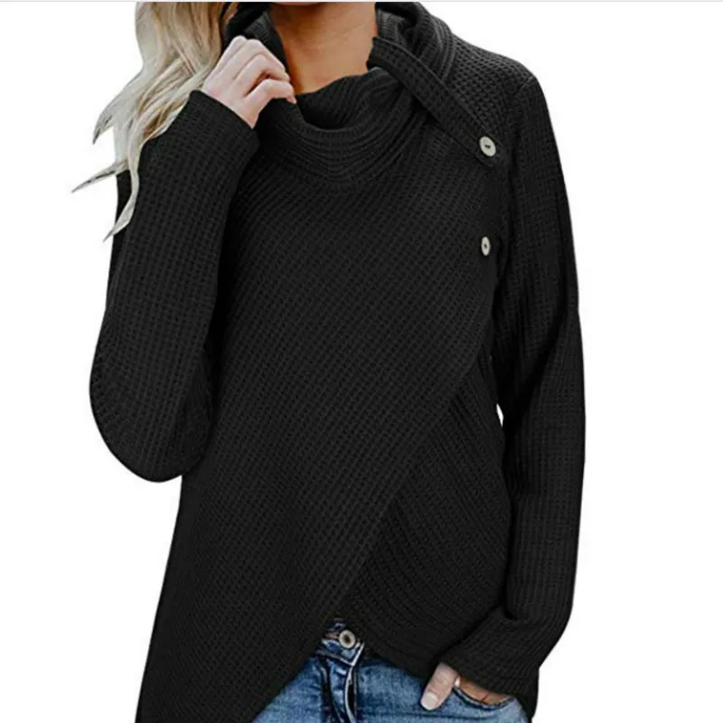 

Long-sleeved Knitwear Fashion Button Asymmetrical Turtleneck Solid Color T-shirts Women's Wear