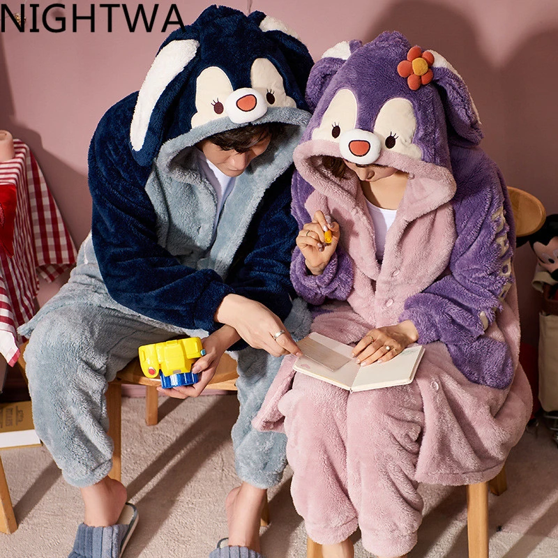 

Зимняя утепленная флисовая Пижама для пар, одежда для сна, ночная рубашка для влюбленных, Женский фланелевый комплект с мультяшным принтом ...