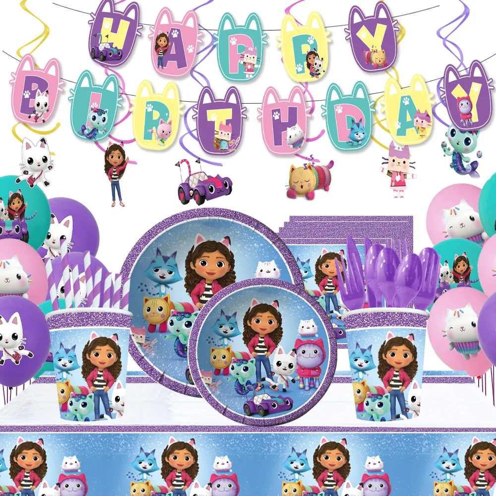 gabbys dollhouse girls birthday party decorations gift bags cups plates tablecloth flags baby shower paper disposable tableware free global shipping