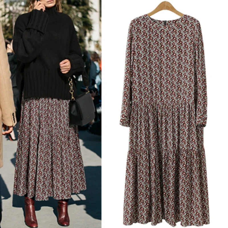 

plus size women autumn dress vestido 2020 Europe and United States fashion floral print long dress loose casual vintage dress