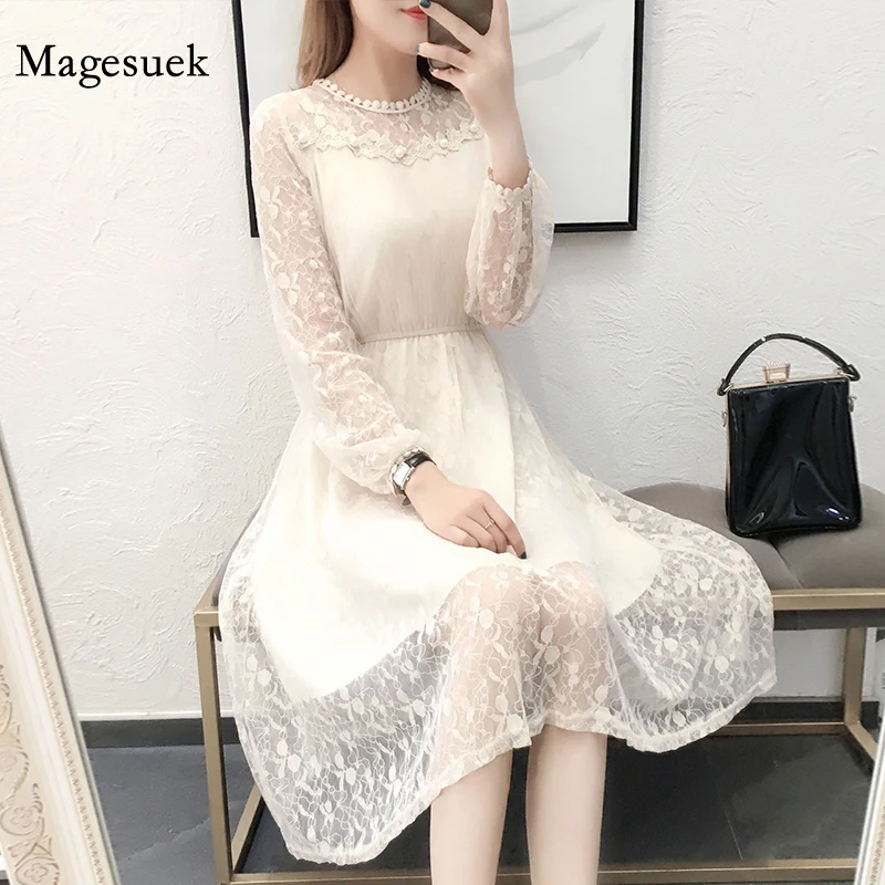 

Korean Lace Floral Party Dress Spring O-neck Beading Knee-length Dress Fashion Slim Fit Long Sleeve Fairy Dress Women Robe 13456