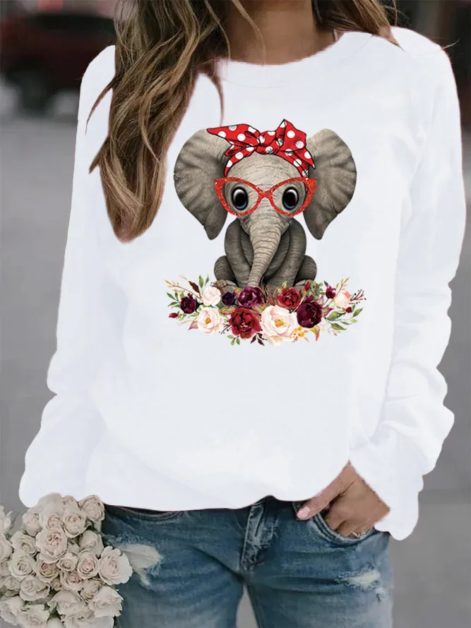 

Women Hoodie Cute Elephant Printed Hoodies Women Fleece Long Sleeve O Neck Loose Sweatshirt Girls Pullovers Winter