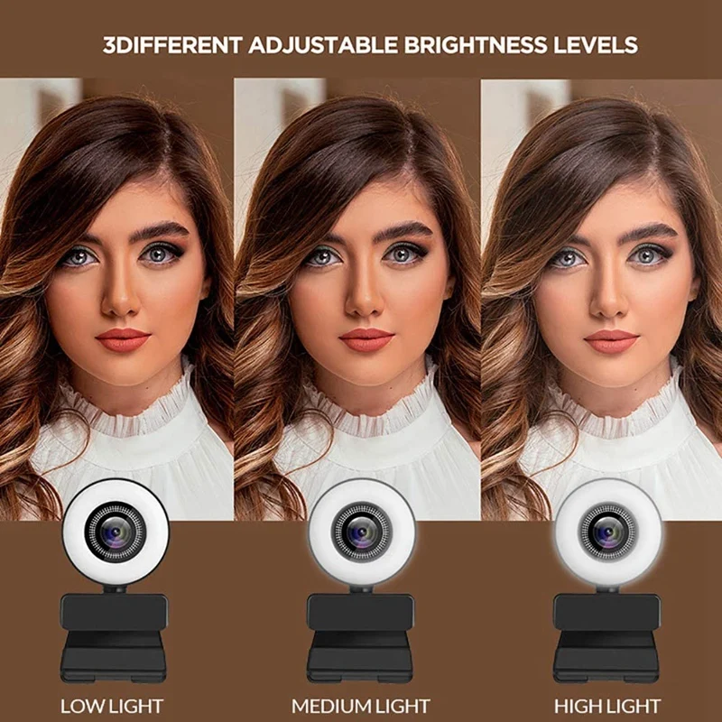 

360 Rotating 4K HD Webcam with Microphone, Contact LED Beautification Ring Light, Autofocus Web Camera for PC Laptop