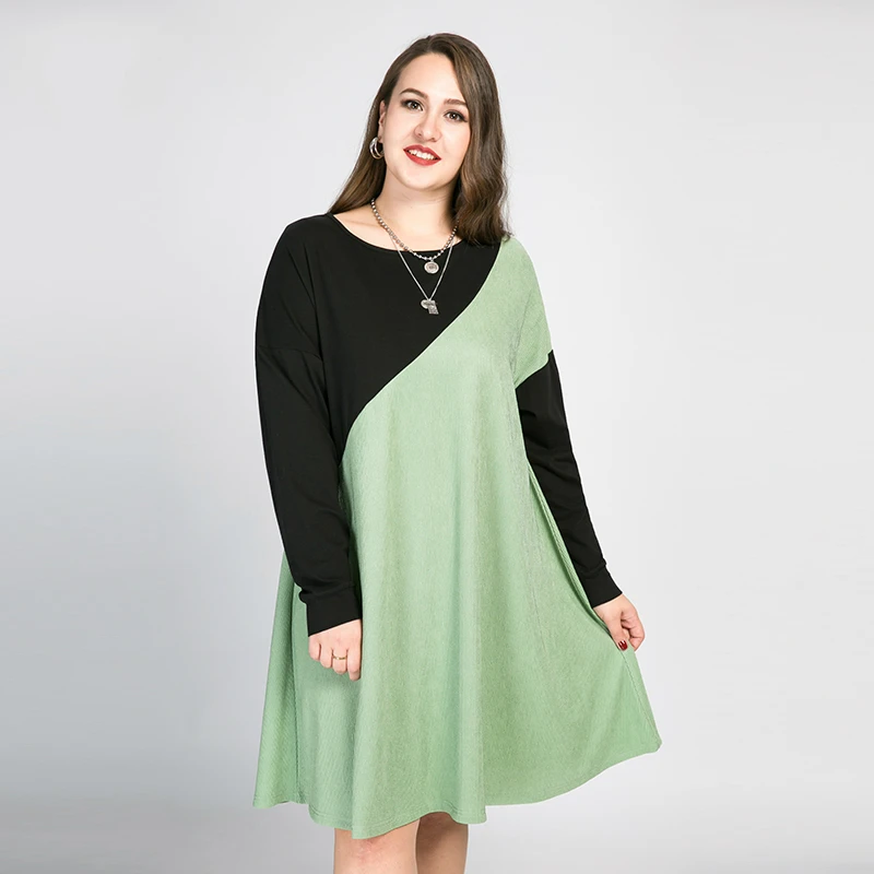 

Large Size A-line Color Patchwork O-neck Long Sleeve Dress Women Loose Plus Size Women Dress Elegant Club Party Dresses TA2213