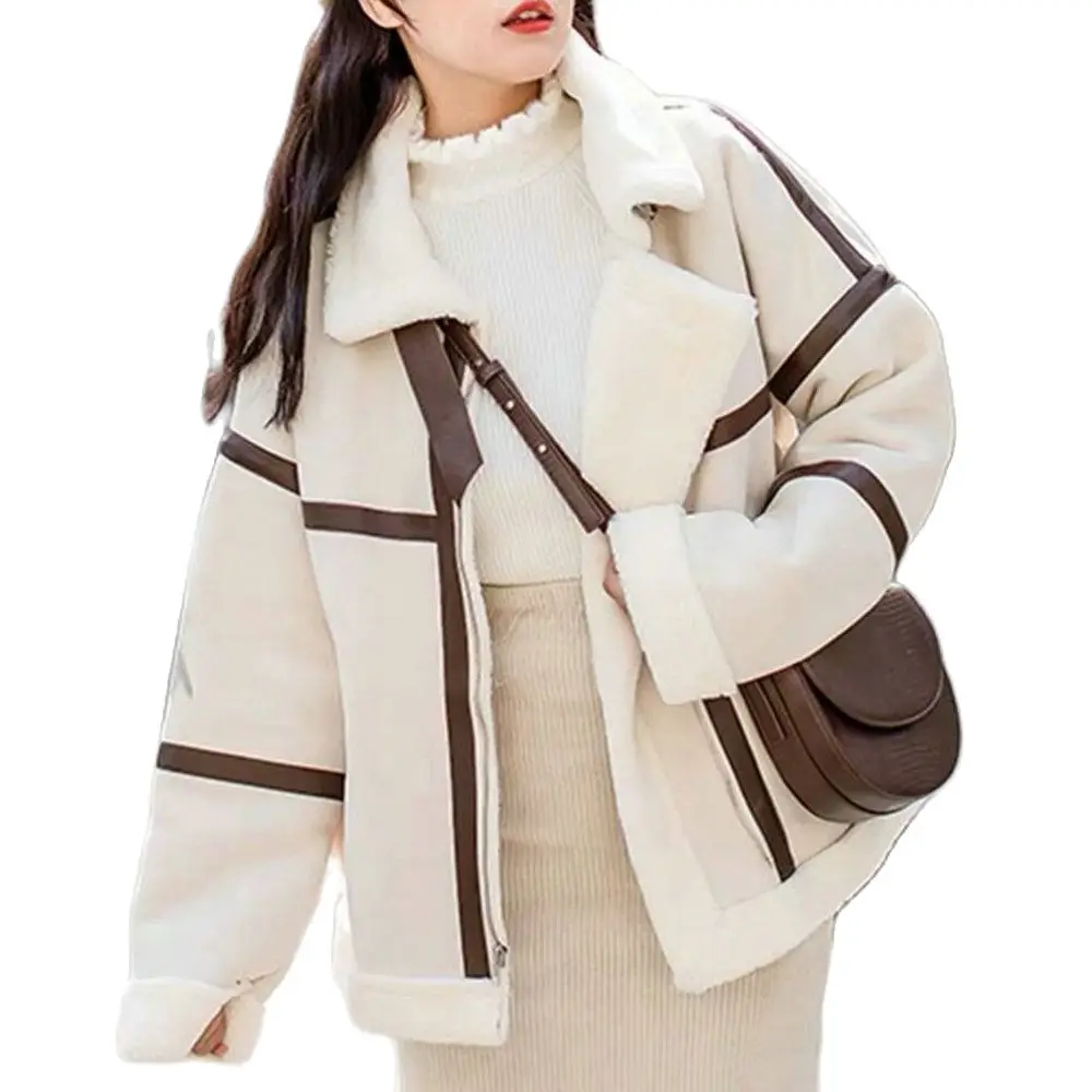 

2021 Women Casual Winter Oversize Thick Faux Leather Fur Sheepskin Jackets Lady Preppy Style Loose Spliced Beige Black Coats