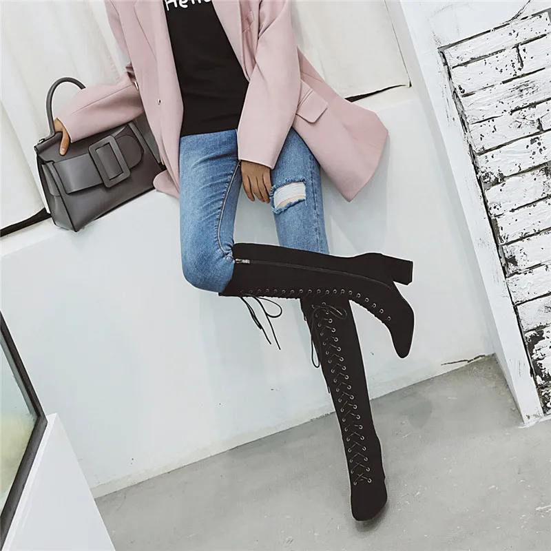 ESRFIYFE 2020 новые женские сапоги на шнуровке до колена Зимние теплые плюшевые