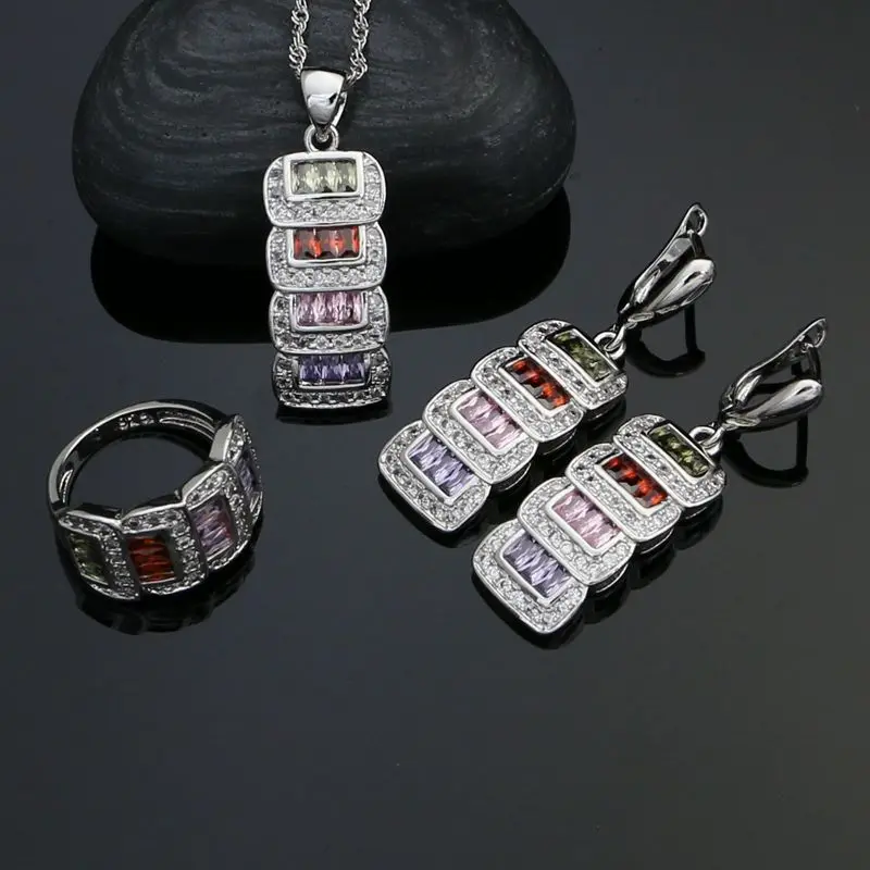 

925 Silver Bridal Jewelry Sets For Women Multicolor Cubic Zirconia White Crystal Earrings Pendant Ring Necklace