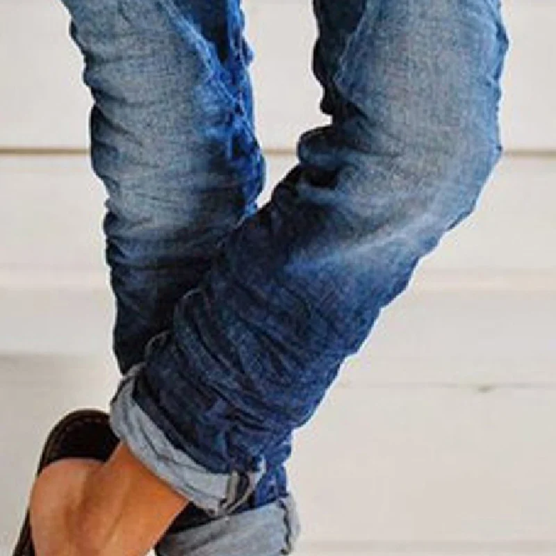 

Autumn Drawstring Elastic Waist Women Jeans Pocket Bleached Female Denim Pants 2021 Winter Fashion Casual Streetwear Lady Pant