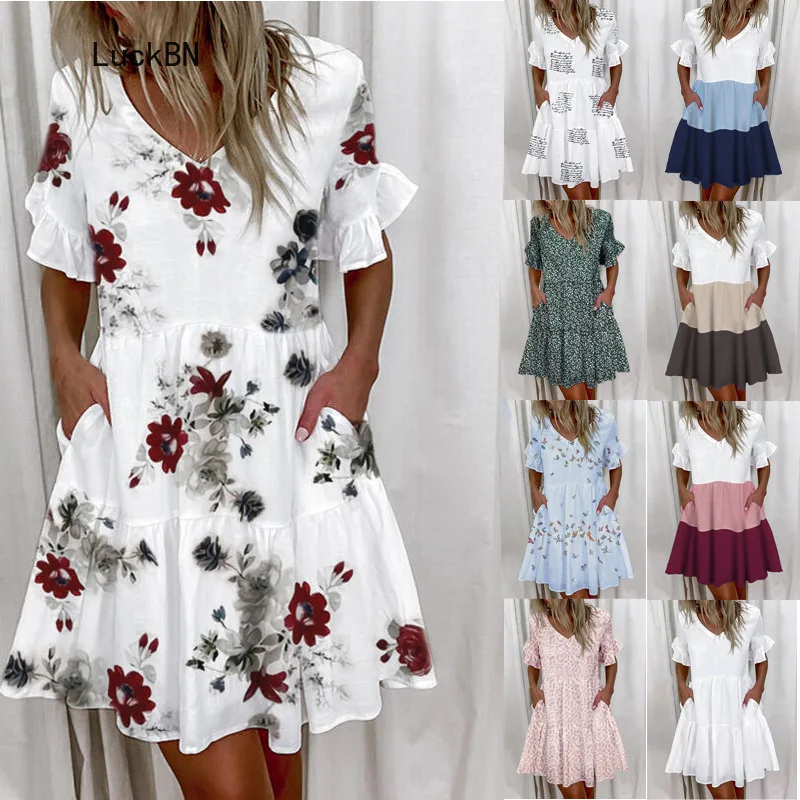 

Women 2021 Summer Dress Fashion Short Sleeve Floral Print Ruffled Pocket Dresses Female Boho Beach A Line Sundress Robe Vestidos
