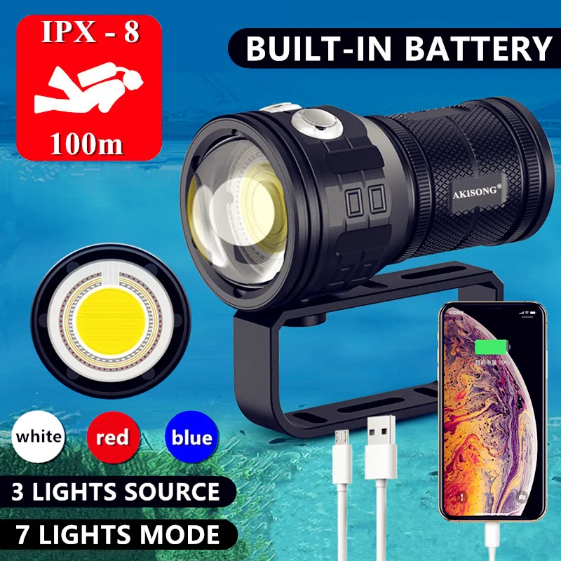 

Underwater 100m USB Charging Profession Diving LED Powerful Flashlight COB Torch Lamp Multifunction Scuba Dive Fill Lights