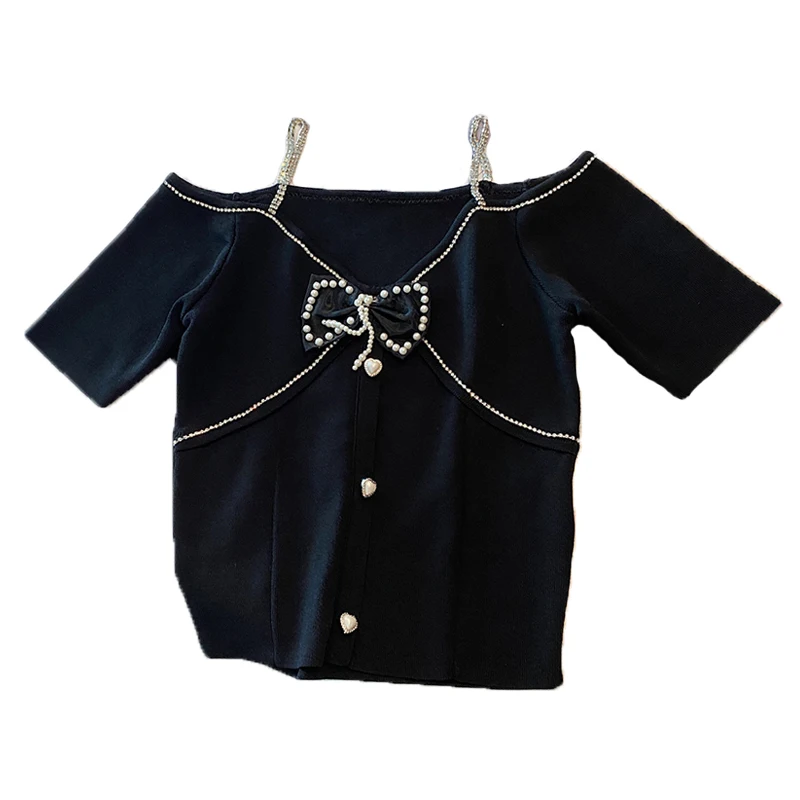 

Women's Bowknot Ice Silk Knitted Top Summer Retro V Neck Short Sleeve Casual Sweater Female White Plus Size T Shirt