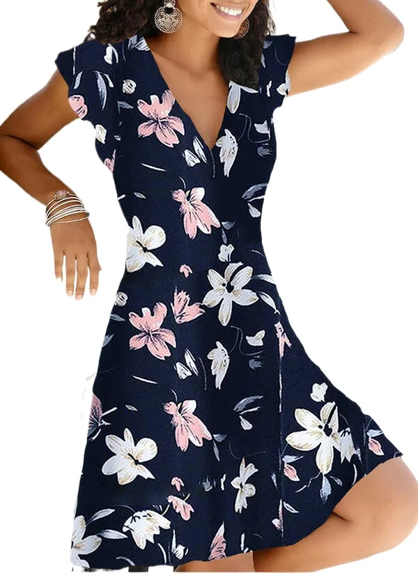 

2021 Spring Summer Vintage Party Dress V Neck Elegant Sexy Short Sleeve Dress Boho Beach Female Floral Print Dresses for Women