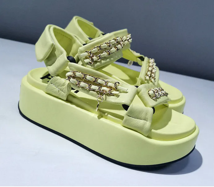 

New leather casual velcro thick-soled daddy sandals summer open-toed metal chain all-match sports sandals women